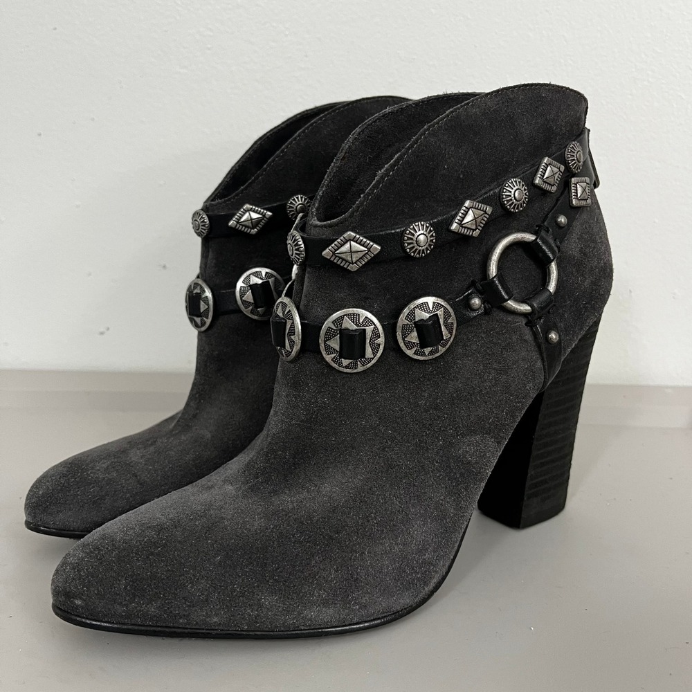 Belle Sigerson Morrison‎ Sz 9 Suede Western Ankle Boots Gray Medallions Cowgirl